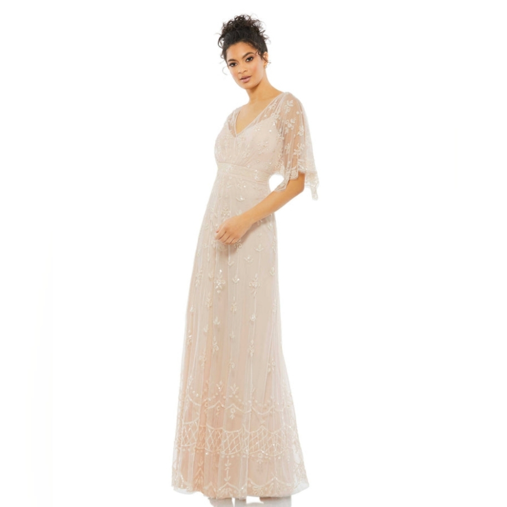 Mac duggal Home /V NECK FLUTTER SLEEVE EMBELLISHED MESH GOWN
